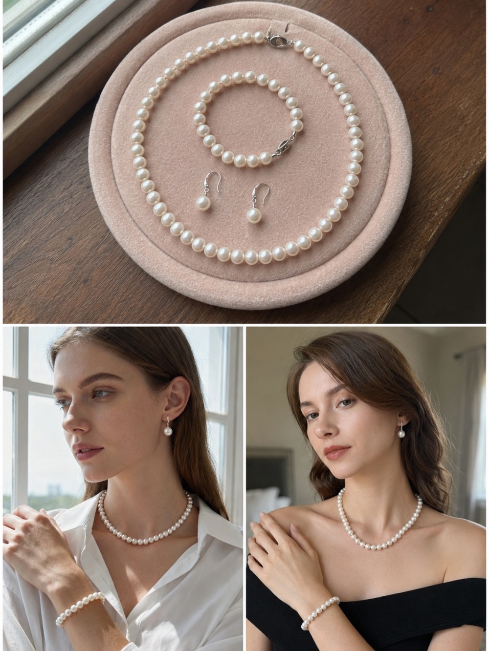 Freshwater Pearl Bridal Jewelry Set Necklace Bracelet Drop Earrings Wedding